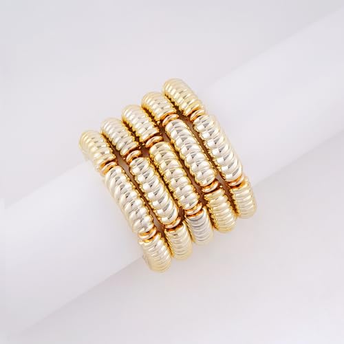 LALAPPLE Gold Plated Beaded Acrylic Bamboo Tube Bangle Bracelets for Women, Colorful Chunky Curved Tube With Gold Plated Pieces Beads Stretch Bracelet Friendship Summer Beach Jewelry - color: B-gold 5pcs(Chunky set)