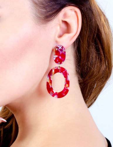 Oval Drop Dangle Earrings for Women, Statement Geometric Ellipse Dangling Earrings - color: Hot Pink