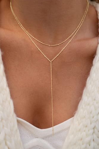 Lariat Gold Necklace for Women, Dainty Long Necklaces 14k Gold Plated Y-Shaped Layered Drop Necklaces for Women Trendy Simple Gold Jewelry for Prom Vacation Gifts - color: Layered Satellite Chain-Gold