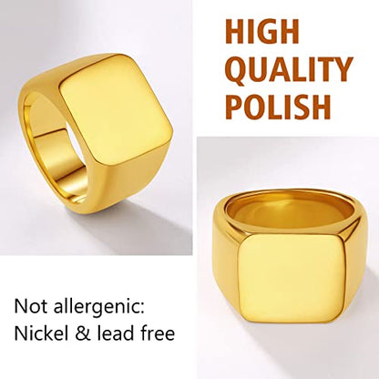 FindChic Customized Signet Photo Rings Square/Heart/Round Chunky Band Ring Stainless Steel/18K Gold Plated/Black Size 7 to 14 Personalized Jewelry for Men Women, Send Gift Box - color: 01. personalized engraved square (gold)