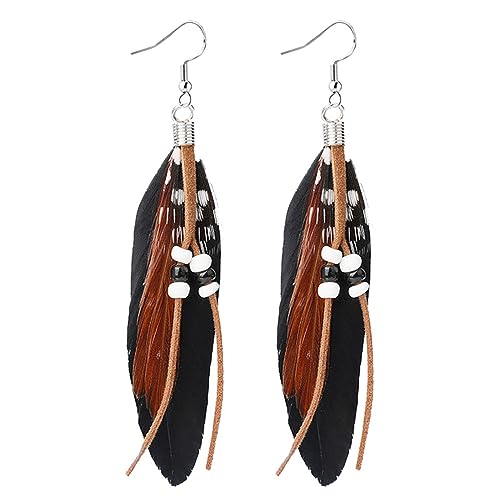 Feather Earrings for Women Vintage Bohemian Earrings Long Drop Dangle Earrings Feather Tassel Mesh Pendant Earrings Boho Fashion Personalized Flowing Lightweight Earrings Statement Unique Feather Earrings Handmade Jewelry - color: Black