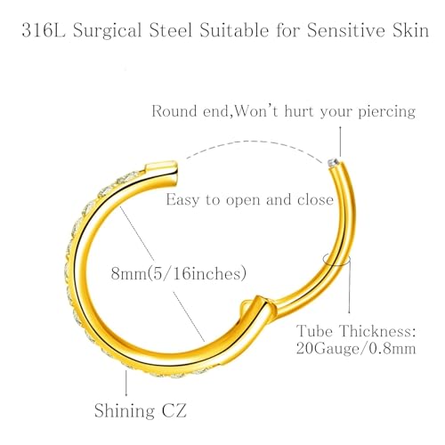 ORANGELOVE 20G 18G 16G Clear CZ Nose Ring Hoop 316L Surgical Steel Seamless Silver Septum Ring Clicker Jewelry Cartilage Earring Ear Piercing Hoop Earrings for Women Men Helix Rook Lobe Conch Tragus Daith Lip Hinged Piercing Jewelry with Cubic Zirconia -