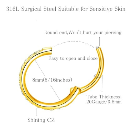ORANGELOVE 20G 18G 16G Clear CZ Nose Ring Hoop 316L Surgical Steel Seamless Silver Septum Ring Clicker Jewelry Cartilage Earring Ear Piercing Hoop Earrings for Women Men Helix Rook Lobe Conch Tragus Daith Lip Hinged Piercing Jewelry with Cubic Zirconia -