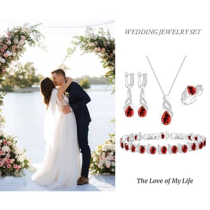 Wedding Jewelry Set for Women Gem Necklace Earrings Bracelet Luxury Jewelry Set Birthday Valentine's Day Mother's Day Christmas Prom Jewelry Gift - color: MHSD-Garnet