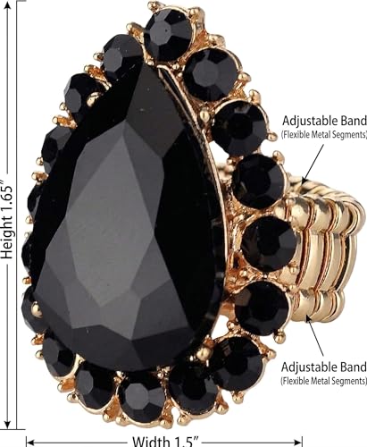 NYFASHION101 Radiant Teardrop Stone Adjustable Cocktail Statement Ring - color: Black/Gold-Tone