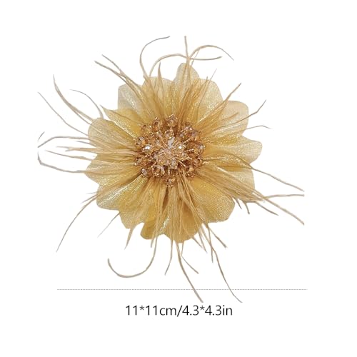 4" Crystal Feather Flower Brooch Pin for Women Girls Dainty Bright Satin Rhinestone Floral Brooches Lapel Hair Pins Elegant Wedding Cocktail Prom Party Hat Bag Suit Clothing Dress Accessories Jewelry Gift - color: Gold
