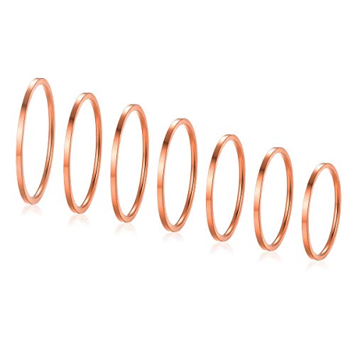 FOCALOOK 28 PCS Knuckle Ring Set 1MM Stainless Steel Women's Thin Plain Band Stacking Midi Finger Rings Set Comfort Fit Silver/Black/Gold/Rose Tone Size 4-10 - color: 03.Rose Gold Plated,7pcs