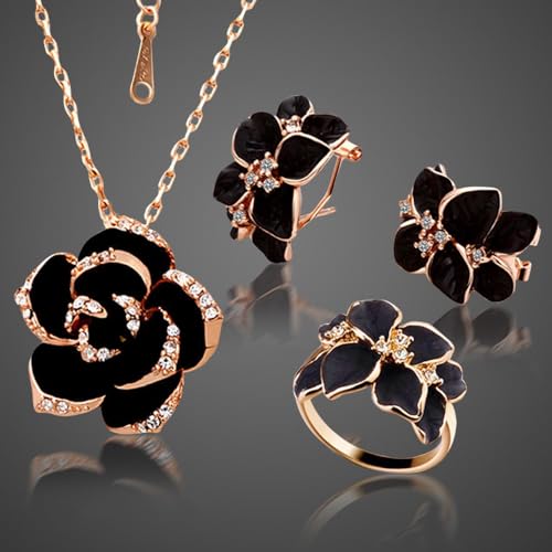 Elegant Jewelry Set Necklace for Women，Adjustable Dainty Cubic Zirconia Trendy Choker Pendant Necklace+Earrings+Ring, Mother's Day Valentine's Day Gifts Pendant Set for Women 3PCS - color: black Flower