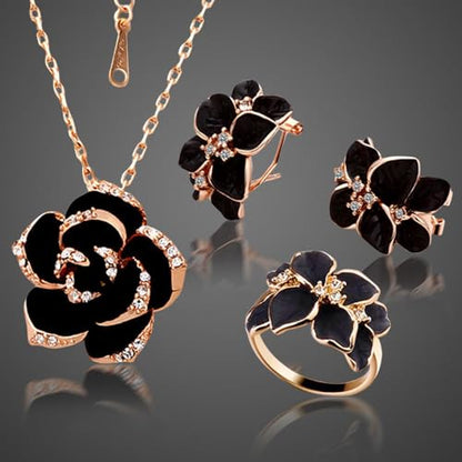 Elegant Jewelry Set Necklace for Women，Adjustable Dainty Cubic Zirconia Trendy Choker Pendant Necklace+Earrings+Ring, Mother's Day Valentine's Day Gifts Pendant Set for Women 3PCS - color: black Flower