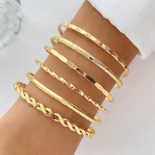 Gold Bangle Bracelets For Women Gold Plated Multi Layer Stackable Cuff Bracelet Set Non Tarnish Trendy Jewelry Gift - color: Gold 6pcs
