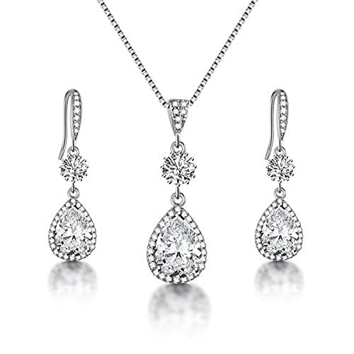 Elegant Jewelry Set for Women Silver Teardrop CZ Drop Earrings and Necklace | Square Teardrop Cubic Zirconia Rhinestone Jewelry Sets Bridal Jewelry Sets for Wedding Bride Bridesmaids Mother of Bride - style: Angle Tears