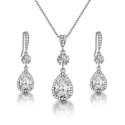 Elegant Jewelry Set for Women Silver Teardrop CZ Drop Earrings and Necklace | Square Teardrop Cubic Zirconia Rhinestone Jewelry Sets Bridal Jewelry Sets for Wedding Bride Bridesmaids Mother of Bride - style: Angle Tears