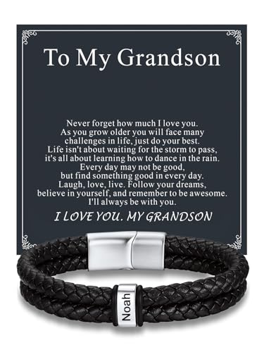 Custom4U Personalized Braided Leather Bracelet for Men with Name Engraved | 1-5 Name Engraving, Stainless Steel Bead, 7.5/8.3/9 Inch Black Leather, Gift Design for Men with Custom Keepsake Cards - color: 01-Steel Color-To My Grandson, size: 1 Name