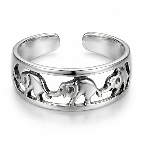 Sterling Silver Toe Ring, Adjustable Open Band, Handmade | Fits Toe, Knuckle or Pinky Ring | One Size Fits Most | Comfortable to Wear | Minimalist Style | Water Resistant - style: Elephants Band