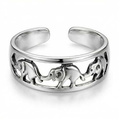 Sterling Silver Toe Ring, Adjustable Open Band, Handmade | Fits Toe, Knuckle or Pinky Ring | One Size Fits Most | Comfortable to Wear | Minimalist Style | Water Resistant - style: Elephants Band