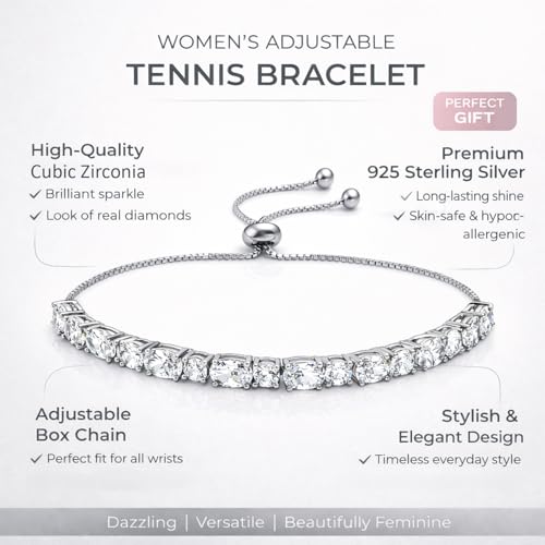 LeCalla 925 Sterling Silver Sliding Bolo Bracelet | Adjustable Beaded Tennis Bracelets for Women | Adjustable Slider Bolo Bracelets Gifts for Her - color: Sliding Bolo CZ