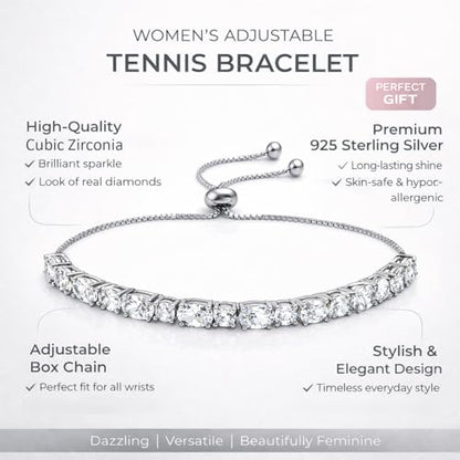 LeCalla 925 Sterling Silver Sliding Bolo Bracelet | Adjustable Beaded Tennis Bracelets for Women | Adjustable Slider Bolo Bracelets Gifts for Her - color: Sliding Bolo CZ