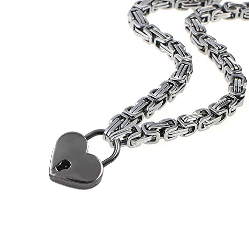 Heart Padlock Collar Stainless Steel Lock Necklace Byzantine Chain Necklace Locking Collar Choker for Men Women Jewelry - style: B