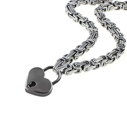 Heart Padlock Collar Stainless Steel Lock Necklace Byzantine Chain Necklace Locking Collar Choker for Men Women Jewelry - style: B