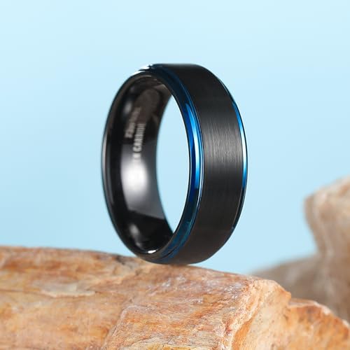King Will Mens Brushed Wedding Band, Two Tone Matte Step Edges/Pipe Cut, Tungsten Carbide Anniversary Promise Rings Comfort Fit - color: Black&Blue Edge-8mm