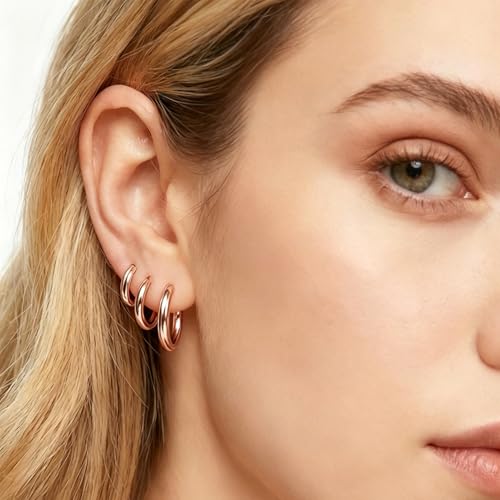 4 Pairs Small Gold Silver Huggie Hoop Earrings for Women Surgical Steel Set | 14K Gold Plated 316L Stainless Steel, 6/8/10/12 mm, Hypoallergenic, Lightweight, Mini Jewelry - color: Rose Gold/4 Pairs