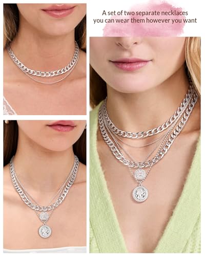 MJartoria Layered Necklaces for Women Trendy Retro Coin Pendant Necklace Dainty Chunky Chain Necklaces for Jewelry Birthday Gifts - color: Silver, style: A-Retro Coin-2PCS