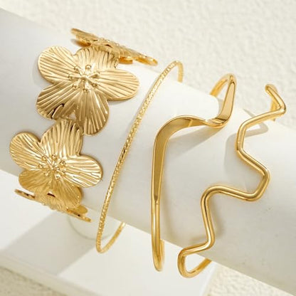 Gold Chunky Stackable Flower Bangle for Women,Trendy Boho Floral Open Cuff Bracelet Set,Fashion Spring Outfit Accessories Birthday Jewelry Gift