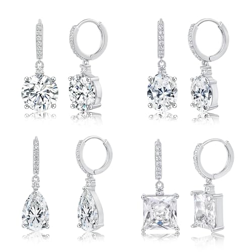 2-4 Pairs Dangle Drop Earrings for Women, 18K Gold Plated Cubic Zirconia Drop Dangle Huggie Hoop Earrings CZ Teardrop Hypoallergenic Jewelry - color: CZ White Gold 1