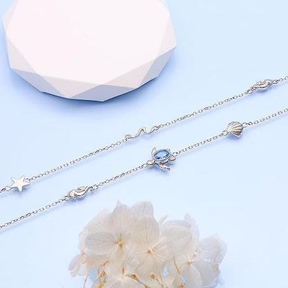 Anklets for Women 925 Sterling Silver Blue Evil Eye Infinity Butterfly Adjustable Multilayer Layered Summer Beach Ankle Bracelet Foot Chain Jewelry for Women - style: D-Sea Turtle