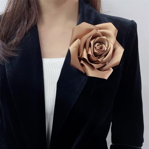 Satin Rose Flower Large Brooch Lapel Pins Handmade Fabric Flower Brooches Pin Classic for Wedding Party Dance Banquet for Women Men Dress Suit Clothes Accessories JewelryGifts 110mm - color: Khaki