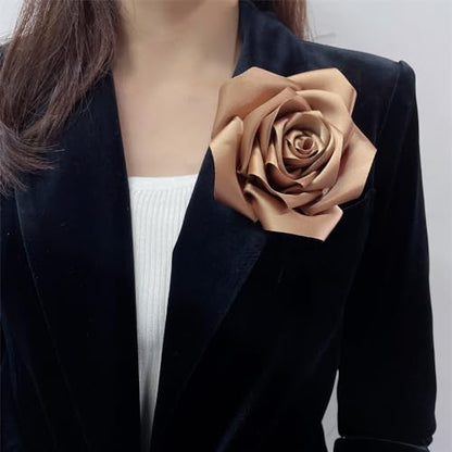 Satin Rose Flower Large Brooch Lapel Pins Handmade Fabric Flower Brooches Pin Classic for Wedding Party Dance Banquet for Women Men Dress Suit Clothes Accessories JewelryGifts 110mm - color: Khaki