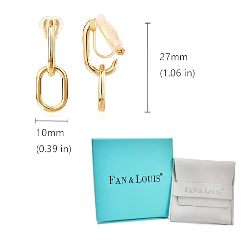 FAN&LOUIS 24K Gold Plated Clip On Earrings for Women, Gold Chain Link Drop Dangle Double Hoops Hypoallergenic Trendy Lightweight Clip-On Earrings for Non-Pierced Ears - style: Gold and Silver