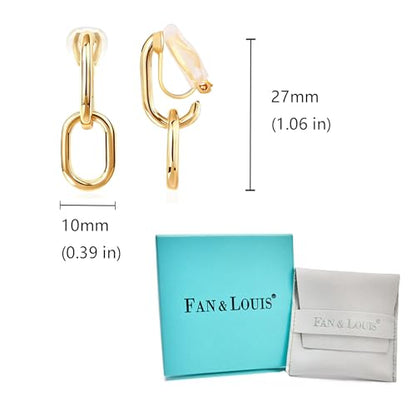 FAN&LOUIS 24K Gold Plated Clip On Earrings for Women, Gold Chain Link Drop Dangle Double Hoops Hypoallergenic Trendy Lightweight Clip-On Earrings for Non-Pierced Ears - style: Gold and Silver