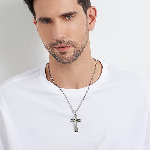 Men's Cross Necklace 316L Stainless Steel Large Heavy Cross Pendant for Men Polished Jewelry Rolo Chain with 22'' 24'' 26'' - color: A-white, size: 22 inch