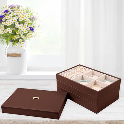 Voova Stackable Jewelry Organizer Tray with Lid (Set of 4, Coffee) | Stackable PU leather jewelry trays with drawer inserts for earrings, rings, necklaces, bracelets and watches; set of 4 - color: Caramel Brown