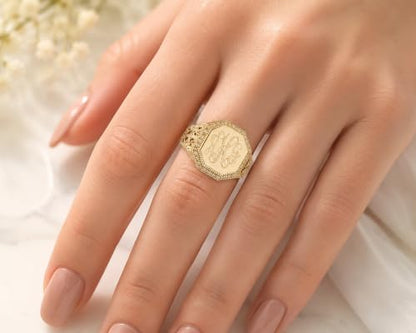 The Personal Exchange Monogram Gold Octagon Filagree Ring with CZ Accents Gold Plated over Sterling Silver