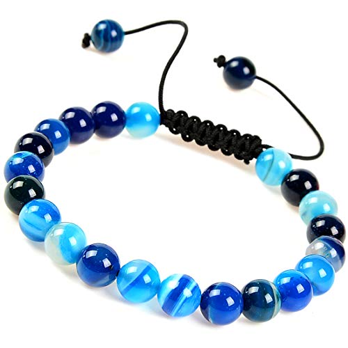 MASSIVE BEADS Natural Healing Power Gemstone Crystal Beads Unisex Adjustable Macrame Bracelets - color: Agate Blue, size: 6mm