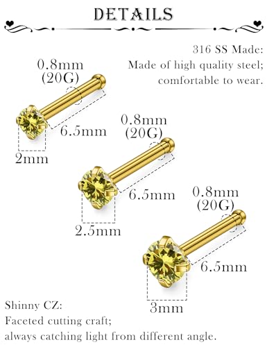 18G 20G 22G Stainless Surgical Steel Titanium Nose Rings Studs for Women L Shaped Nose Rings Screw Nose Studs Nostrial Piercing Jewelry for Women Men Silver Gold Black - style: 20G/Yellow CZ/Straight/Gold