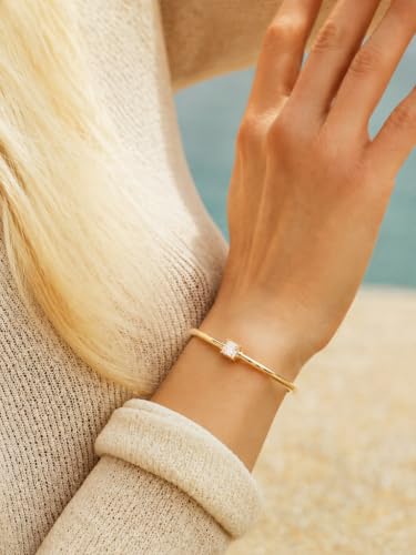 Gold Cuff Bracelets for Women, 14K Gold Plated Dainty Open CZ Cuff Bracelet Adjustable Stackable Open Bangle Bracelet Birthday Jewelry Gift for Her - color: Square CZ-Gold