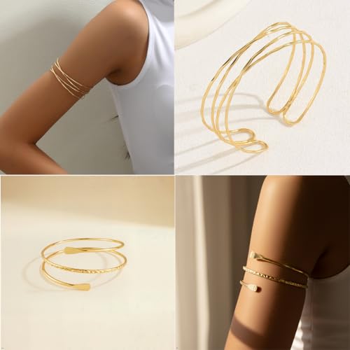ItsStarred Minimalist Arm Cuff Gold Plated, Upper Arm Cuff Bangle Bracelet for Women, Adjustable Arm band Set 6 Pieces - color: A3: Gold Plated Starfish