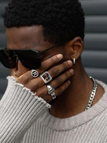 FindChic Customized Signet Photo Rings Square/Heart/Round Chunky Band Ring Stainless Steel/18K Gold Plated/Black Size 7 to 14 Personalized Jewelry for Men Women, Send Gift Box - color: 01. square (stainless steel)