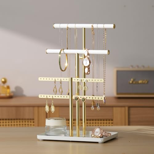 pickpiff Jewelry Holder Organizer with Velvet, Adjustable 10"-17" Tall, Metal Stand for Display Bracelet, Necklace, Earrings, Rings, White and Gold