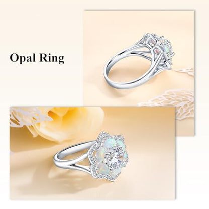 Flower Cocktail Ring for Women Stone Engagement Anniversary Rings | Sterling Silve|Hypoallergenic|Ruby|Sapphire|Emerald|Wedding and Birthday Party Women Statement Ring|Mother and Grandma Gift - color: Opal (Oct.)
