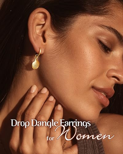 FIBO STEEL 14K Gold Plated Hoop Earrings with Charms for Women Huggie Hoops | Hypoallergenic 925 Sterling Silver Post Dangle Earrings Small Silver Gold Hoops Earring Cubic Zirconia Dangle Drop Jewelry - color: Shell - 14K Gold Plated