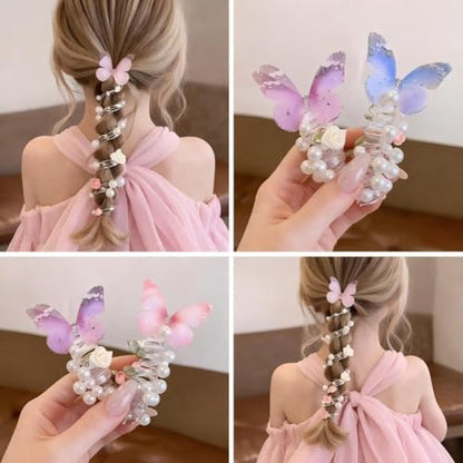 3 Pack Butterfly Spiral Hair Ties, Faux Pearl Coil Ponytail Holders for Girls Kids Hair Accessories