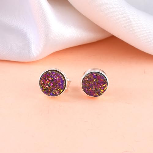 5 MM Natural Gemstone 925 Sterling Silver Hypoallergenic Studs Earrings Jewelry for Women Dainty Trendy Antiqued Silver Birthstone Earrings Jewelry Gifts for Women and Her - color: Pink Druzy