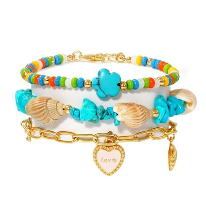 LALAPPLE Shell Bracelet Boho Beaded Stretch Bracelets for Women Seashell Strand Bracelets Starfish Charm Jewelry Summer Beach Jewelry Stackable Crystal Gold Plated Beads Bracelet for Women - style: T-Style6