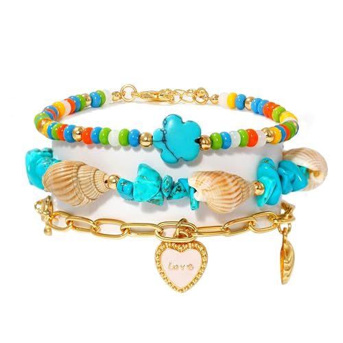 LALAPPLE Shell Bracelet Boho Beaded Stretch Bracelets for Women Seashell Strand Bracelets Starfish Charm Jewelry Summer Beach Jewelry Stackable Crystal Gold Plated Beads Bracelet for Women - style: T-Style6
