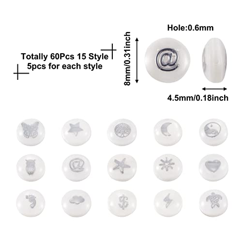 Craftdady 60Pcs Natural Shell Beads 8mm Flat Round with Brass Patterns Freshwater Shell Summer Beads with Turtle Butterfly Heart Owl for Ocean Beach Crafts Jewelry Making - color: Platinum 15 Patterns