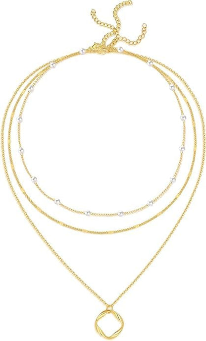 Evabelle Gold Layered Necklace for Women Trendy Jewelry 14K Real Gold Plated Chunky Chain Stackable Necklaces Dainty Choker Necklaces Rectangle Square Pendant - color: Gold Necklace 33